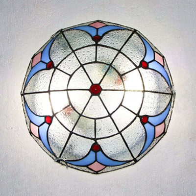 Vintage Magnolia Stained Glass Flush Ceiling Light In White/Clear For Bedroom