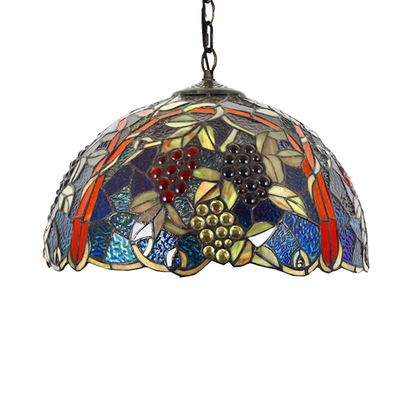 Tiffany Black Glass Pendant Lamp - Hand Cut Hemispherical Light Fixture With Grape/Leaf Pattern