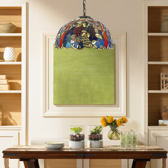 Tiffany Black Glass Pendant Lamp - Hand Cut Hemispherical Light Fixture With Grape/Leaf Pattern