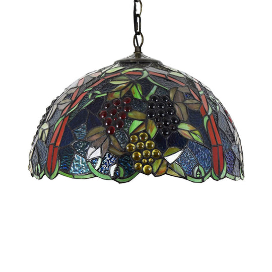 Tiffany Black Glass Pendant Lamp - Hand Cut Hemispherical Light Fixture With Grape/Leaf Pattern