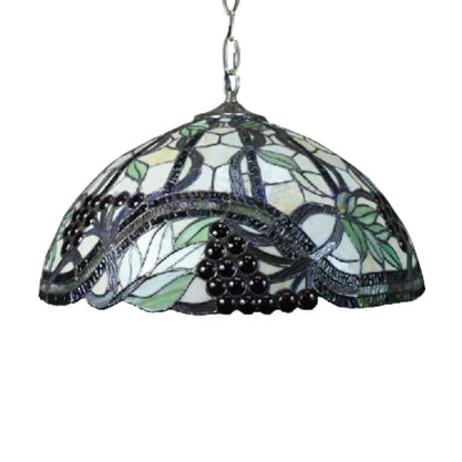 Tiffany Black Glass Pendant Lamp - Hand Cut Hemispherical Light Fixture With Grape/Leaf Pattern