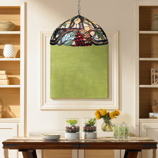 Tiffany Black Glass Pendant Lamp - Hand Cut Hemispherical Light Fixture With Grape/Leaf Pattern /