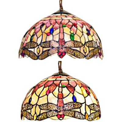 Dome Ceiling Lamp: Tiffany Shell, Pink Dragonfly Pattern, 3-Bulb Pendant Light - 12"/16" Wide