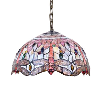 Dome Ceiling Lamp: Tiffany Shell, Pink Dragonfly Pattern, 3-Bulb Pendant Light - 12"/16" Wide