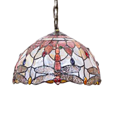 Dome Ceiling Lamp: Tiffany Shell, Pink Dragonfly Pattern, 3-Bulb Pendant Light - 12"/16" Wide