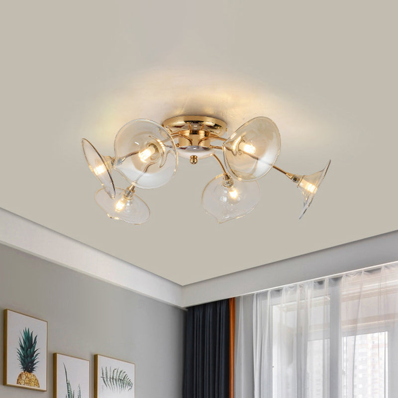 6-Light Nordic Gold Semi Flush Mount Ceiling Lamp with Trumpet Glass Shades for Dining Room