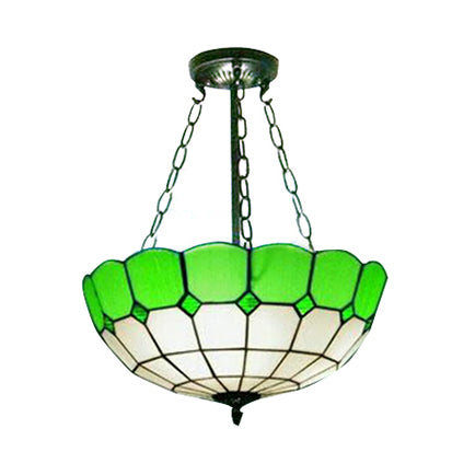 Lodge Bowl Stained Glass Semi Flush Ceiling Light with Chain - Green (2/3 Lights)