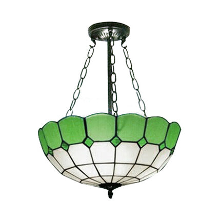 Lodge Bowl Stained Glass Semi Flush Ceiling Light with Chain - Green (2/3 Lights)