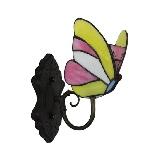 Butterfly Stained Glass Wall Lamp: Art Deco Bedroom Lighting In Yellow And Pink/Blue