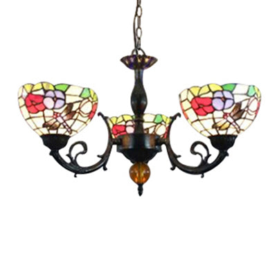 Retro Stained Glass Dragonfly Bowl Chandelier - 3-Light Pendant Lamp With Floral Pattern Black /