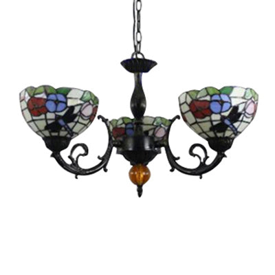 Stained Glass 3-Light Ceiling Pendant Chandelier - Retro Bowl Design with Dragonfly and Flower Pattern in Black