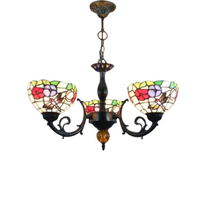 Retro Stained Glass Dragonfly Bowl Chandelier - 3-Light Pendant Lamp With Floral Pattern