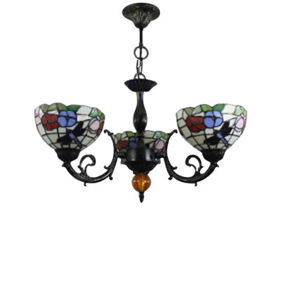 Stained Glass 3-Light Ceiling Pendant Chandelier - Retro Bowl Design with Dragonfly and Flower Pattern in Black