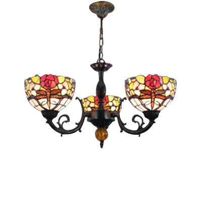 Stained Glass 3-Light Ceiling Pendant Chandelier - Retro Bowl Design with Dragonfly and Flower Pattern in Black