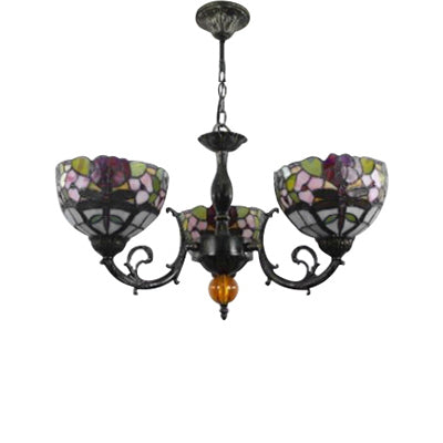 Stained Glass 3-Light Ceiling Pendant Chandelier - Retro Bowl Design with Dragonfly and Flower Pattern in Black