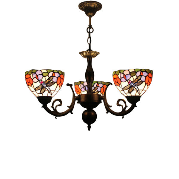 Stained Glass 3-Light Ceiling Pendant Chandelier - Retro Bowl Design with Dragonfly and Flower Pattern in Black