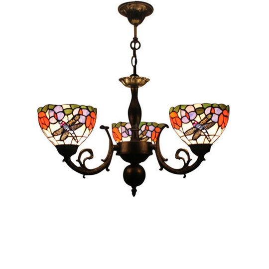 Retro Stained Glass Dragonfly Bowl Chandelier - 3-Light Pendant Lamp With Floral Pattern Black /