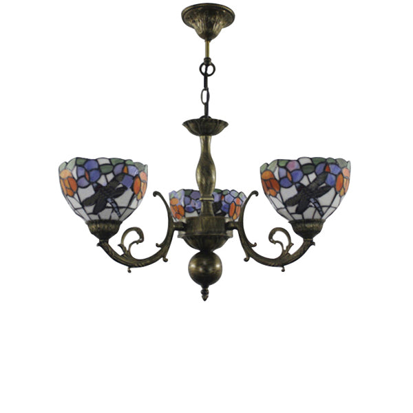 Stained Glass 3-Light Ceiling Pendant Chandelier - Retro Bowl Design with Dragonfly and Flower Pattern in Black