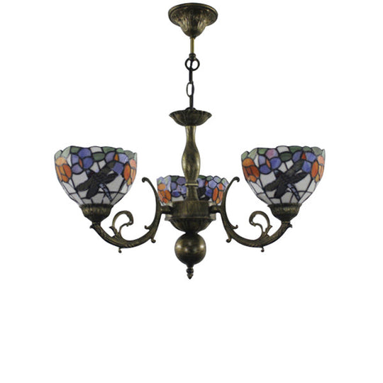 Retro Stained Glass Dragonfly Bowl Chandelier - 3-Light Pendant Lamp With Floral Pattern