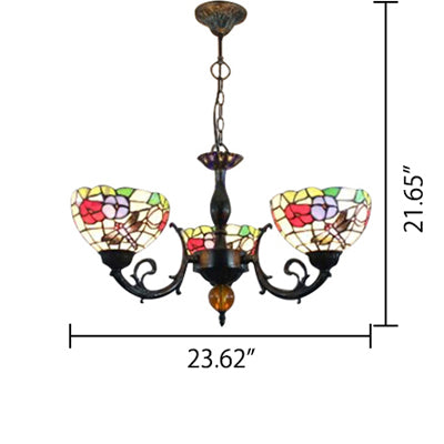 Retro Stained Glass Dragonfly Bowl Chandelier - 3-Light Pendant Lamp With Floral Pattern