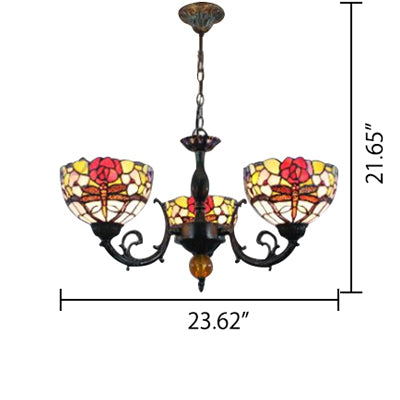 Retro Stained Glass Dragonfly Bowl Chandelier - 3-Light Pendant Lamp With Floral Pattern