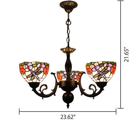 Stained Glass 3-Light Ceiling Pendant Chandelier - Retro Bowl Design with Dragonfly and Flower Pattern in Black