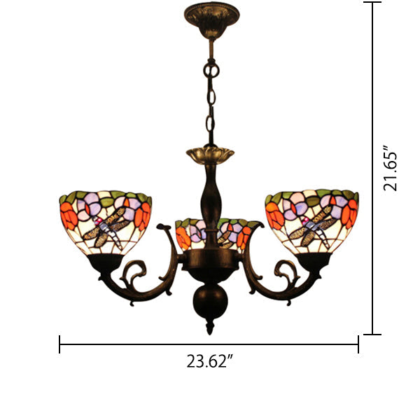 Retro Stained Glass Dragonfly Bowl Chandelier - 3-Light Pendant Lamp With Floral Pattern