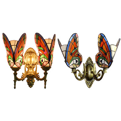 Stained Glass Butterfly Wall Light - Colorful 2-Head Mount For Living Room