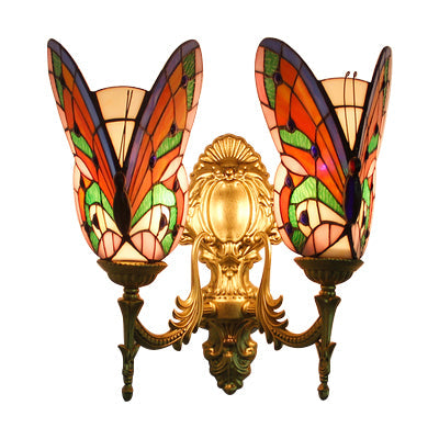 Stained Glass Butterfly Wall Light - Colorful 2-Head Mount For Living Room