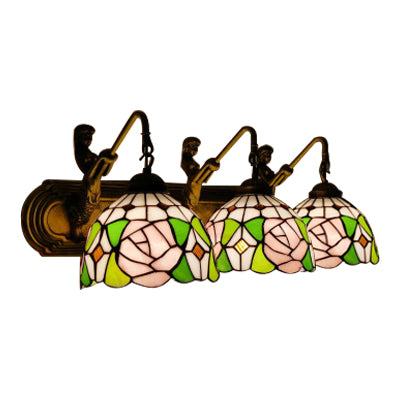 Pink Glass Sconce Light - Tiffany Style Wall Mounted Fixture With 3 Lights And Rose Pattern In Brass