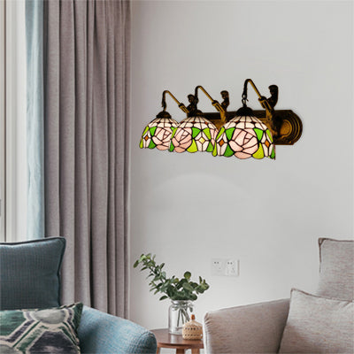 Pink Glass Sconce Light - Tiffany Style Wall Mounted Fixture With 3 Lights And Rose Pattern In Brass