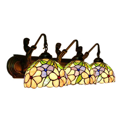 Pink Glass Sconce Light - Tiffany Style Wall Mounted Fixture With 3 Lights And Rose Pattern In Brass