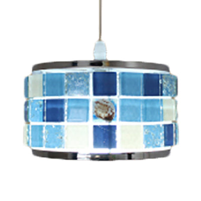 Tiffany Ceiling Suspension Lamp with Blue Crystal Mosaic Design Pendant, 1 Light, Cylinder/Drum Shade, 4"/5" W