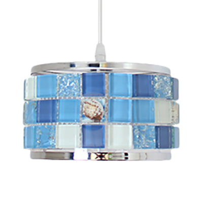 Tiffany Ceiling Suspension Lamp with Blue Crystal Mosaic Design Pendant, 1 Light, Cylinder/Drum Shade, 4"/5" W