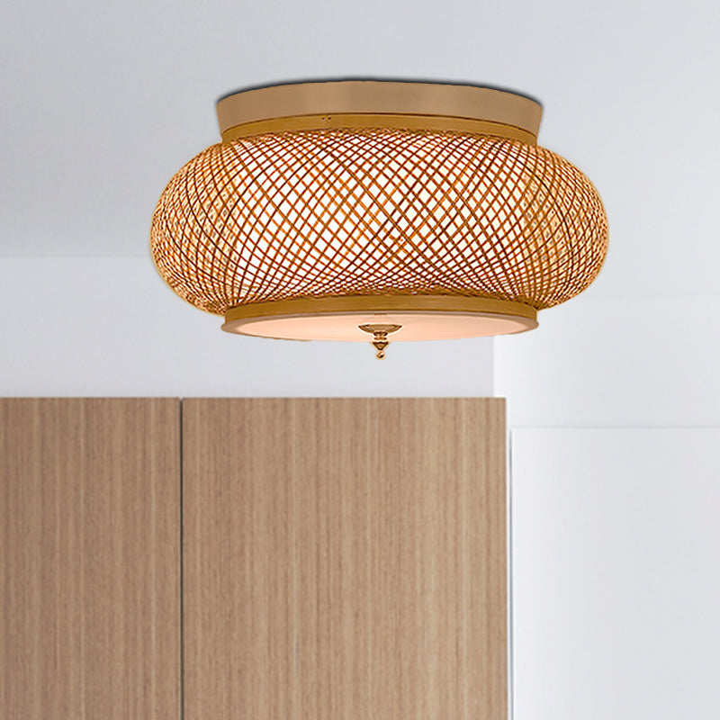 Hand-Knitted Lantern Design Asian Style Bamboo Pendant Light - 3-Light Yellow Ceiling Fixture, 16"/19.5" W