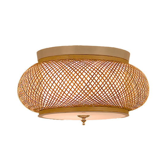 Hand-Knitted Lantern Design Asian Style Bamboo Pendant Light - 3-Light Yellow Ceiling Fixture, 16"/19.5" W