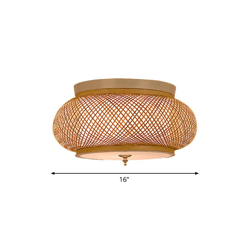 Hand-Knitted Lantern Design Asian Style Bamboo Pendant Light - 3-Light Yellow Ceiling Fixture, 16"/19.5" W