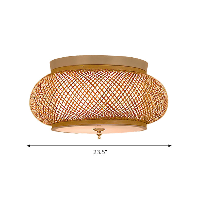 Hand-Knitted Lantern Design Asian Style Bamboo Pendant Light - 3-Light Yellow Ceiling Fixture, 16"/19.5" W