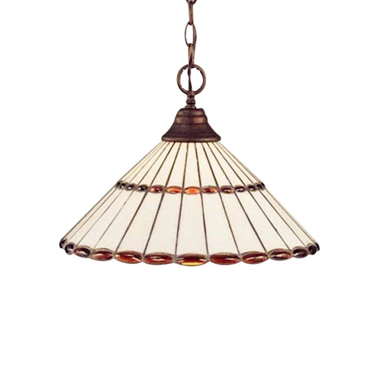 Tiffany-Style Hand Cut Glass Suspension Lamp - Brown/Green Tapered Pendant Fixture