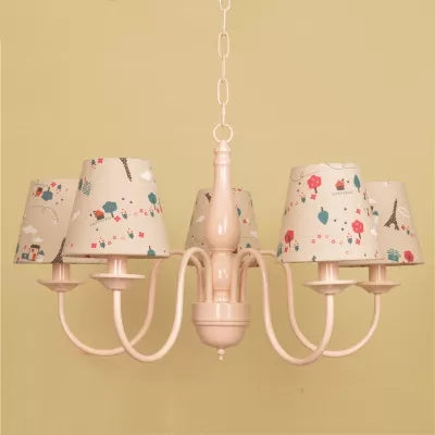 Metallic Pink Finish Chandelier With Tapered Shade - Nursing Room And Kids Suspension Light