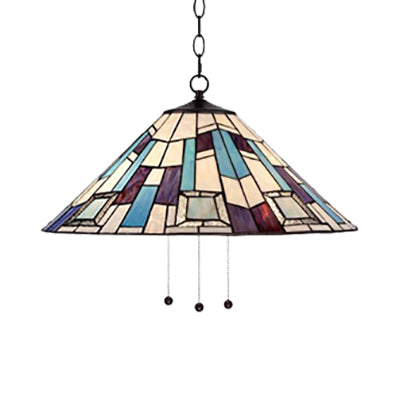 Tiffany Stained Glass Purplish Blue Ceiling Lamp - Conical Single Head Suspension Pendant Light for Dining Room (16"/18"/19.5" W)