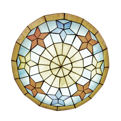 Stained Glass Flush Mount Ceiling Lamp for Bedroom with Tiffany Bowl Shape and Star Design in Yellow