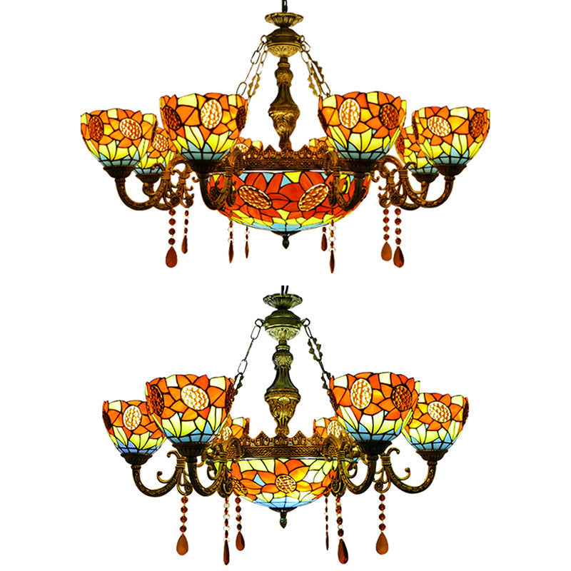 Sunflower Stained Glass Pendant Light with Crystal - Tiffany Ornate Chandelier in Yellow for Hotels