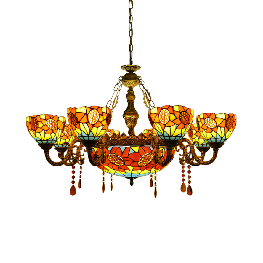 Sunflower Stained Glass Pendant Light with Crystal - Tiffany Ornate Chandelier in Yellow for Hotels