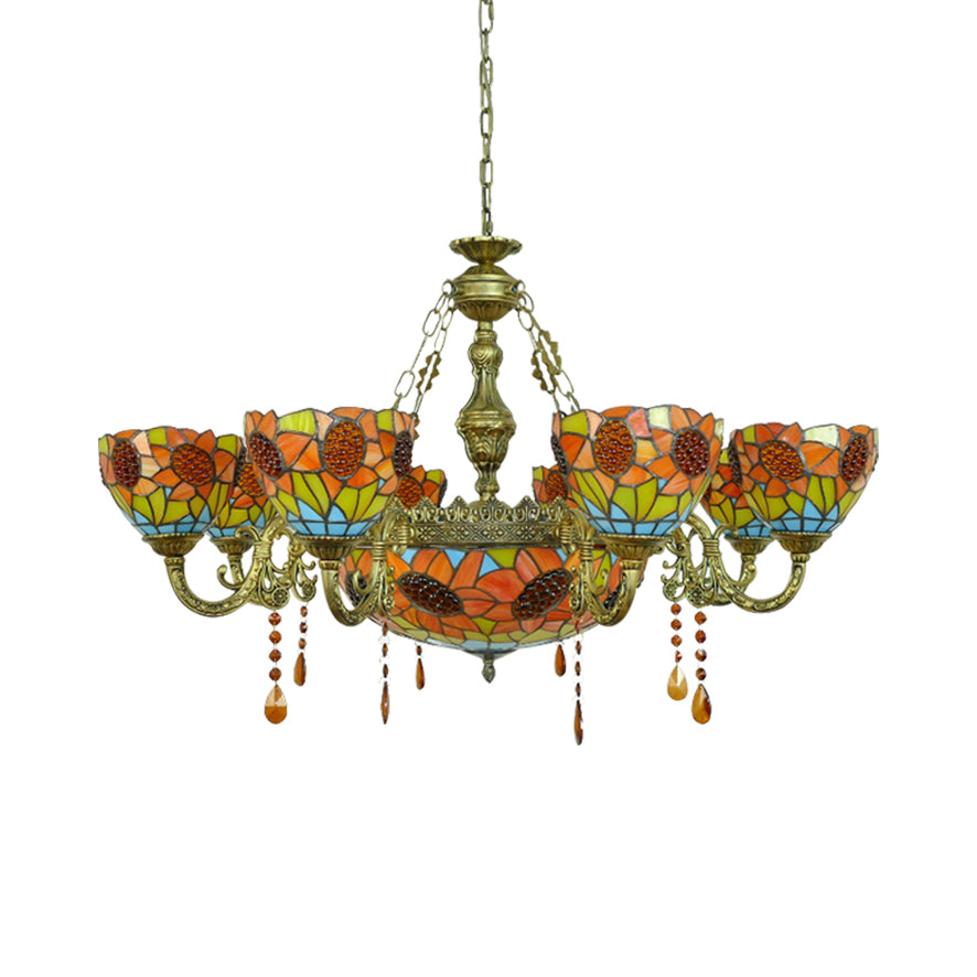 Sunflower Stained Glass Pendant Light with Crystal - Tiffany Ornate Chandelier in Yellow for Hotels