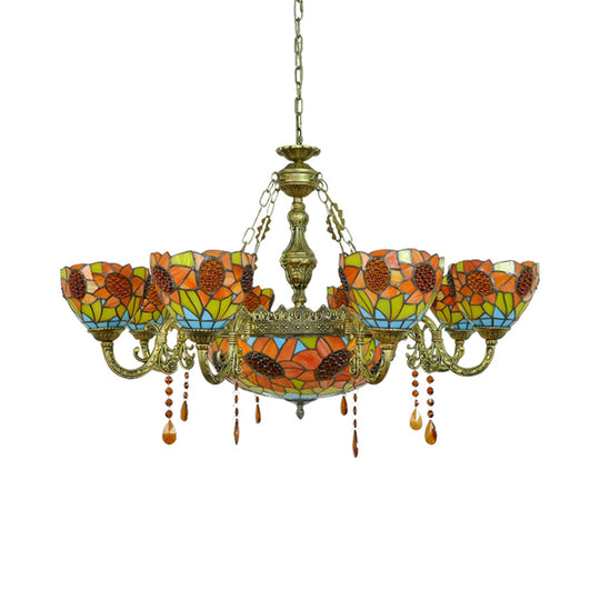 Sunflower Stained Glass Tiffany Chandelier With Crystal Accent In Yellow - Ideal For Hotels