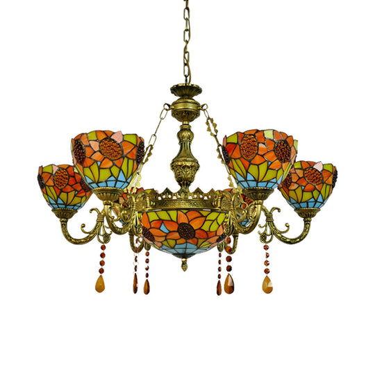 Sunflower Stained Glass Pendant Light with Crystal - Tiffany Ornate Chandelier in Yellow for Hotels