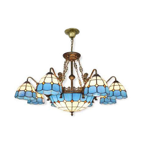 Tiffany Grid Patterned Cut Glass Chandelier in Blue with 9/13 Lights