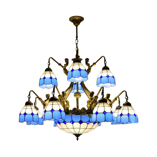 Tiffany Grid Patterned Cut Glass Chandelier in Blue with 9/13 Lights