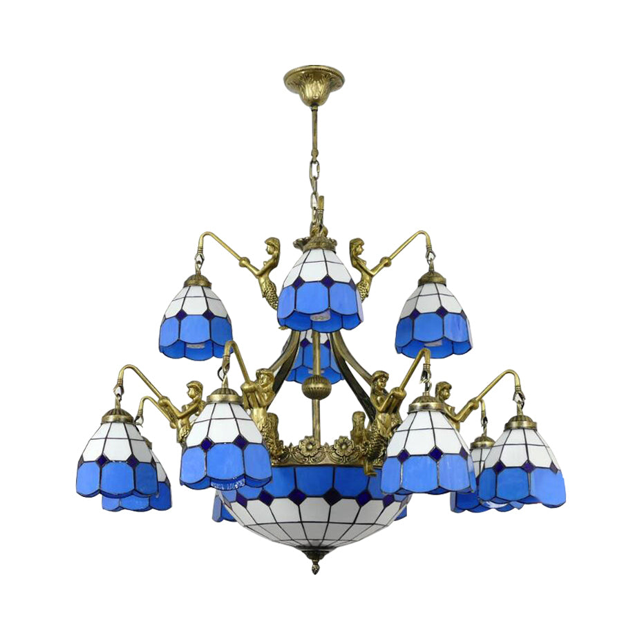 Tiffany Grid Patterned Cut Glass Chandelier in Blue with 9/13 Lights